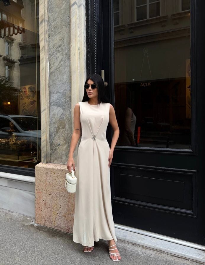 3114 ÖNÜ BORŞLU ELBİSE BEİGE - BEJ