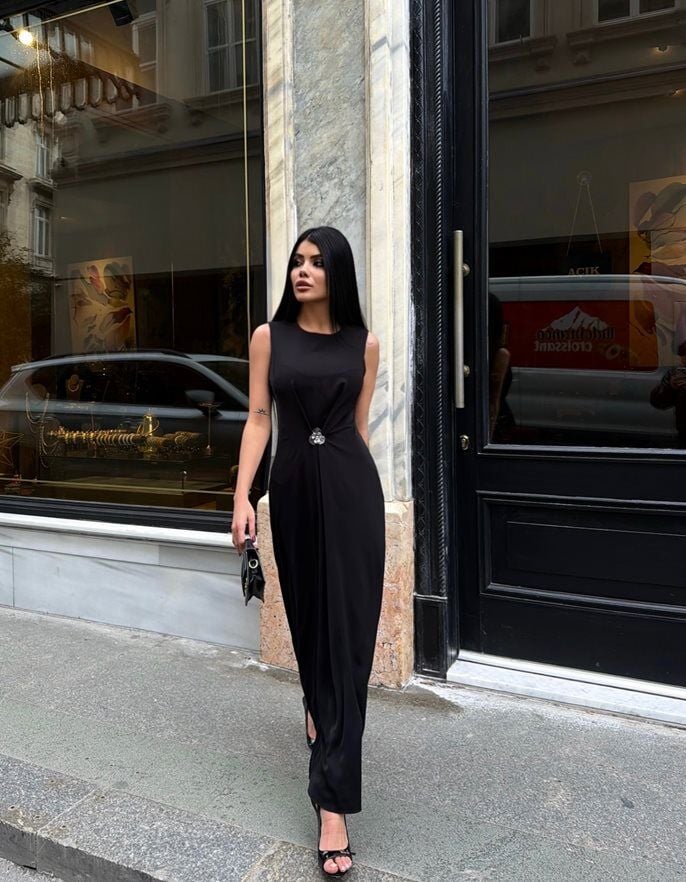 3114 ÖNÜ BORŞLU ELBİSE BLACK - SİYAH