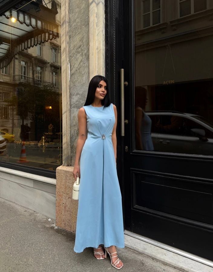 3114 ÖNÜ BORŞLU ELBİSE BLUE - MAVİ