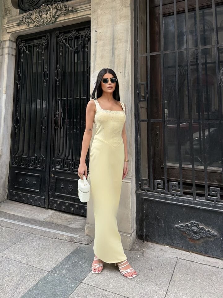 3112 TAŞLI ELBİSE YELLOW - SARI