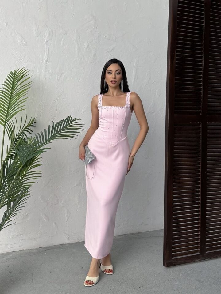 3112 TAŞLI ELBİSE PİNK - PEMBE
