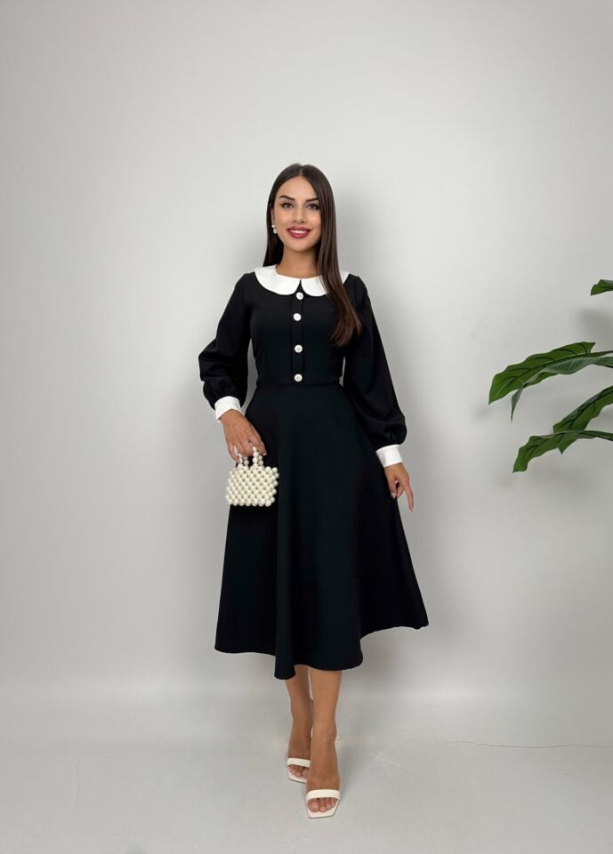 1001 MİDİ BEBE YAKA ELBİSE BLACK - SİYAH