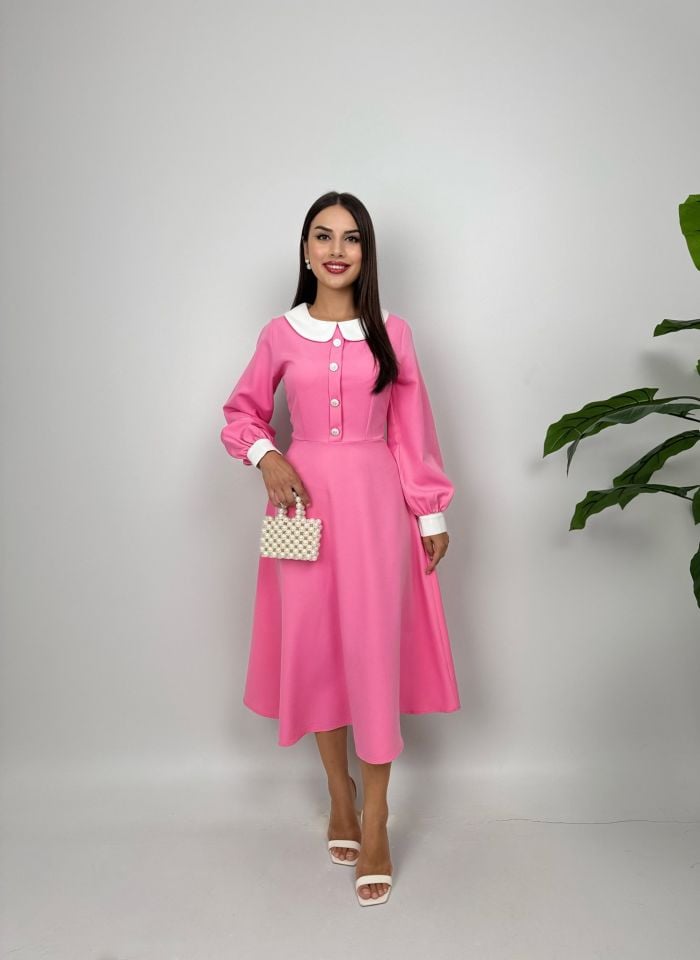 1001 MİDİ BEBE YAKA ELBİSE PİNK - PEMBE