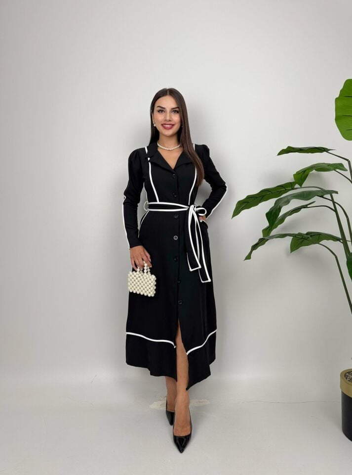 1008 GARNİ BİYELİ HAVUÇ KOL ELBİSE BLACK - SİYAH