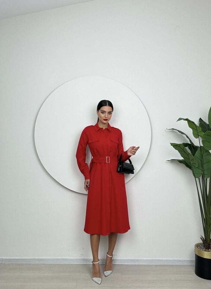 1012 CEPLİ BAĞLAMALI ELBİSE RED - KIRMIZI