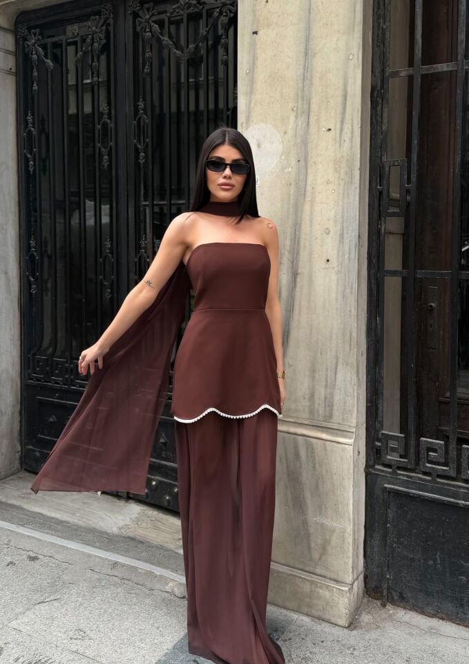 3125 ŞİFON ELBİSE BROWN - KAHVE