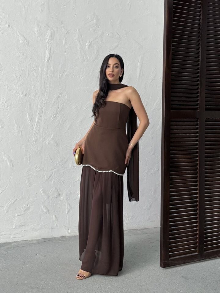 3125 ŞİFON ELBİSE BROWN - KAHVE