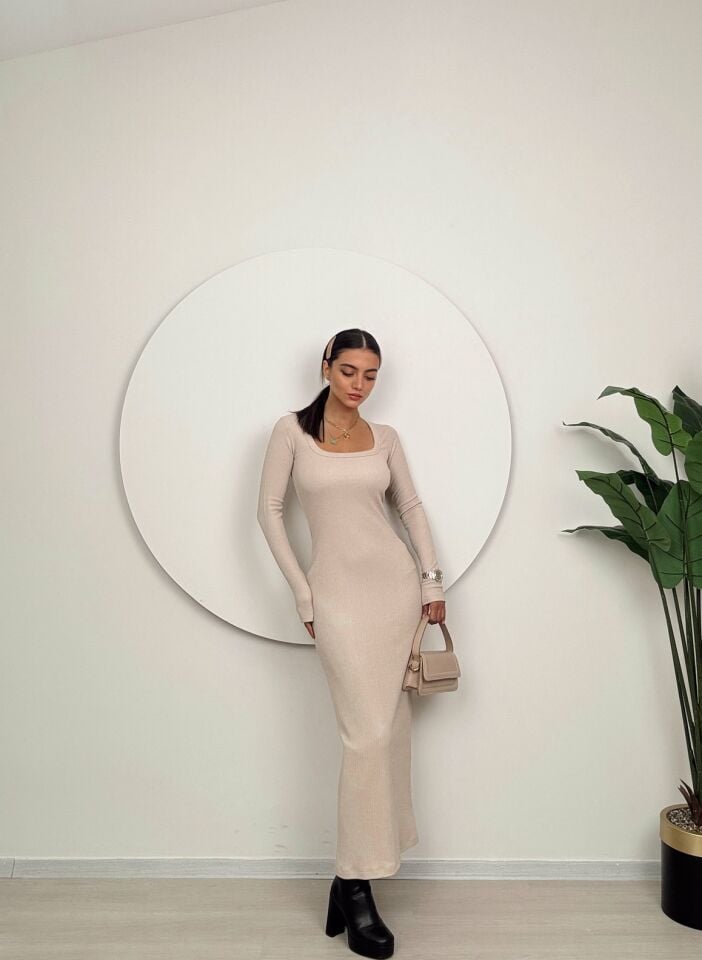 1013 U YAKA ÖRME ELBİSE STONE - TAŞ