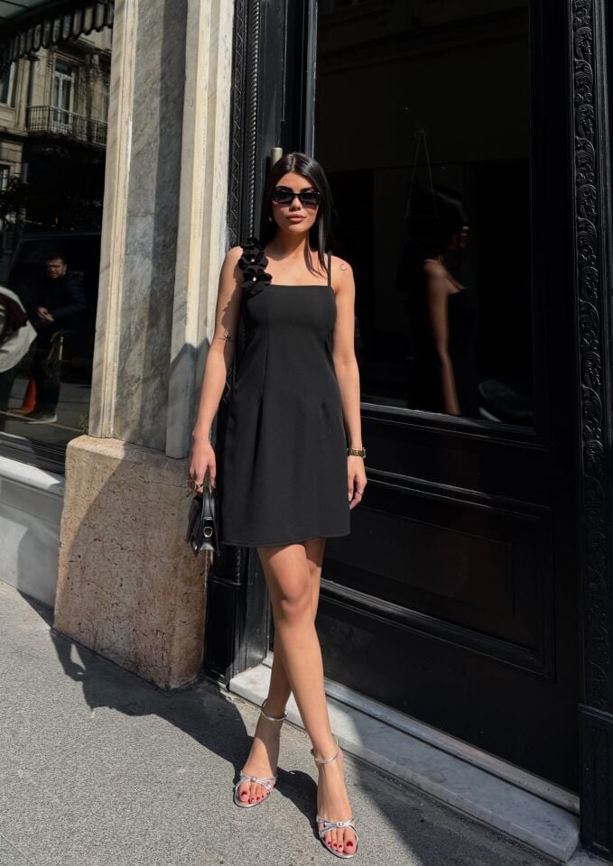 3129 GÜL ASKILI ELBİSE BLACK - SİYAH