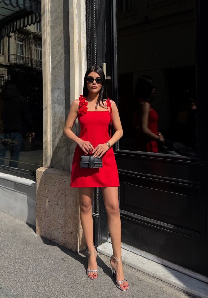 3129 GÜL ASKILI ELBİSE RED - KIRMIZI