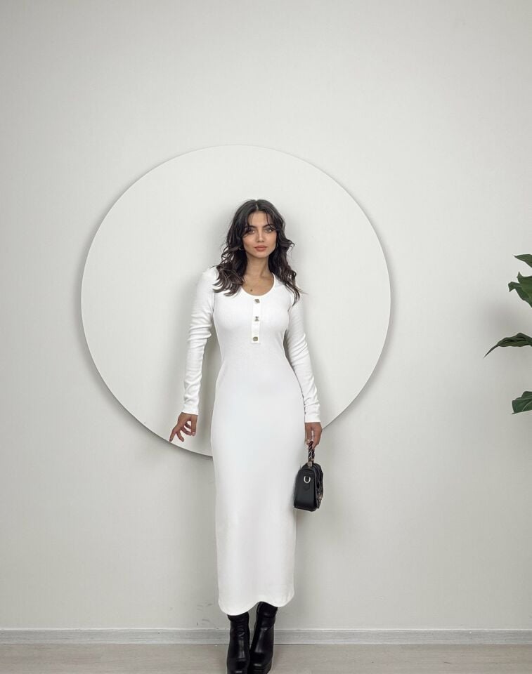 1014 V YAKA ÖRME ELBİSE WHİTE - BEYAZ