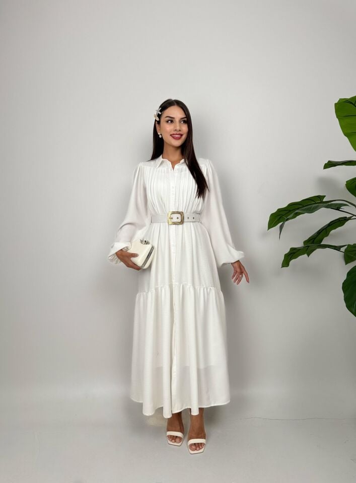 1015 NERVURLU İKİLİ  ELBİSE WHİTE - BEYAZ