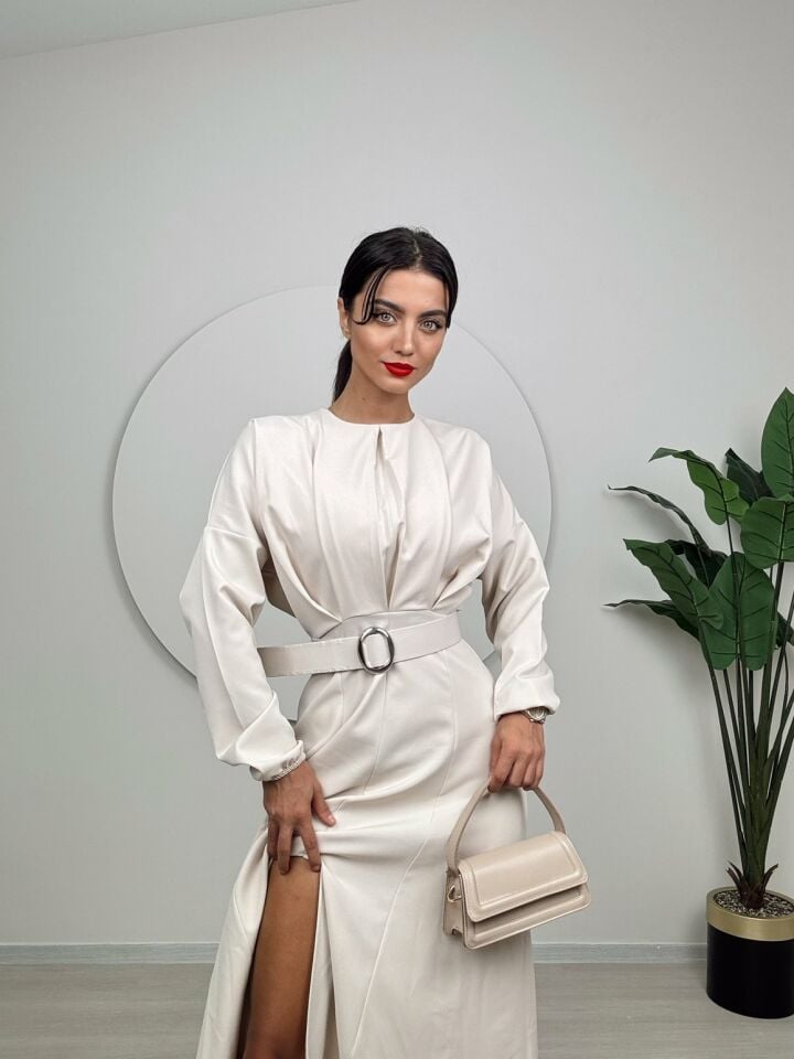 1017 PİLELİ KEMERLİ UZUN ELBİSE STONE - TAŞ