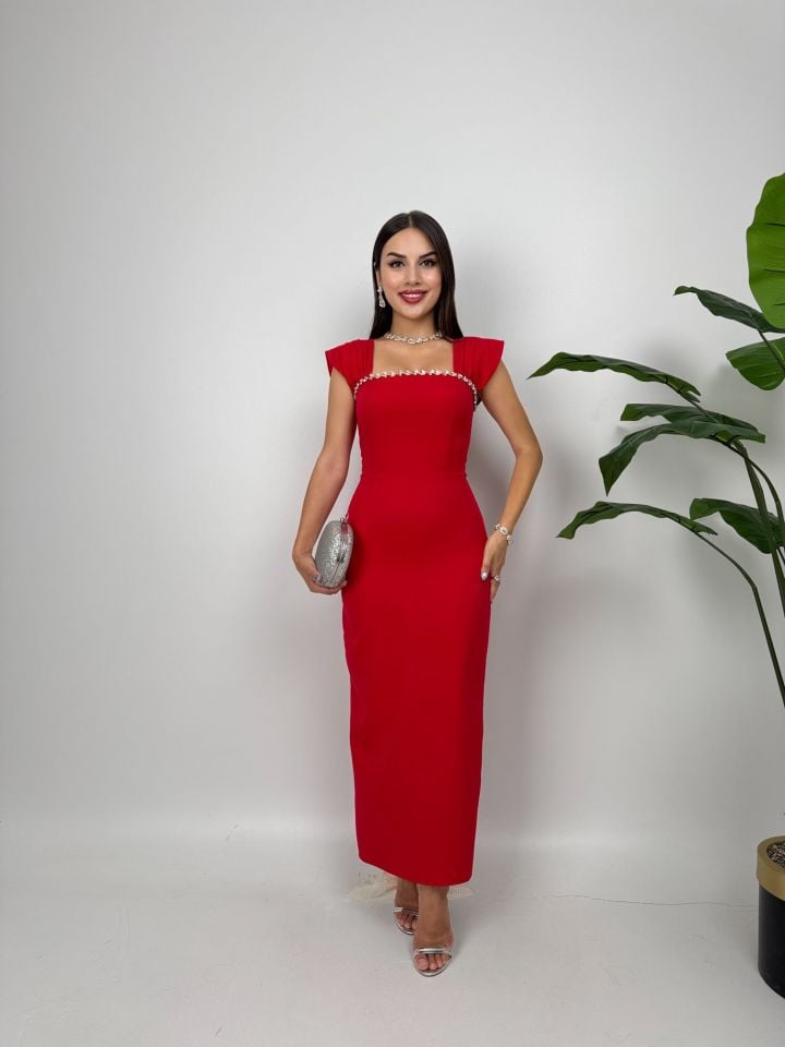 1022 GÖGÜS ELİŞİ DETAY ELBİSE RED - KIRMIZI