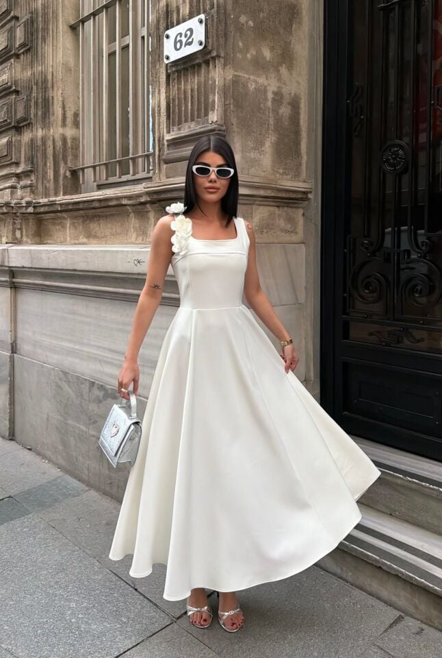 3124 KEMERLİ ELBİSE WHİTE - BEYAZ