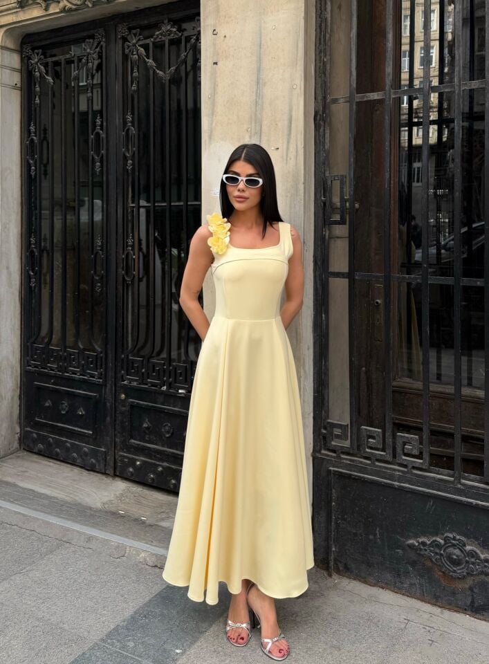 3124 KEMERLİ ELBİSE YELLOW - SARI