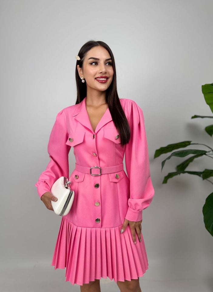 1023 PLİSELİ KISA ELBİSE PİNK - PEMBE