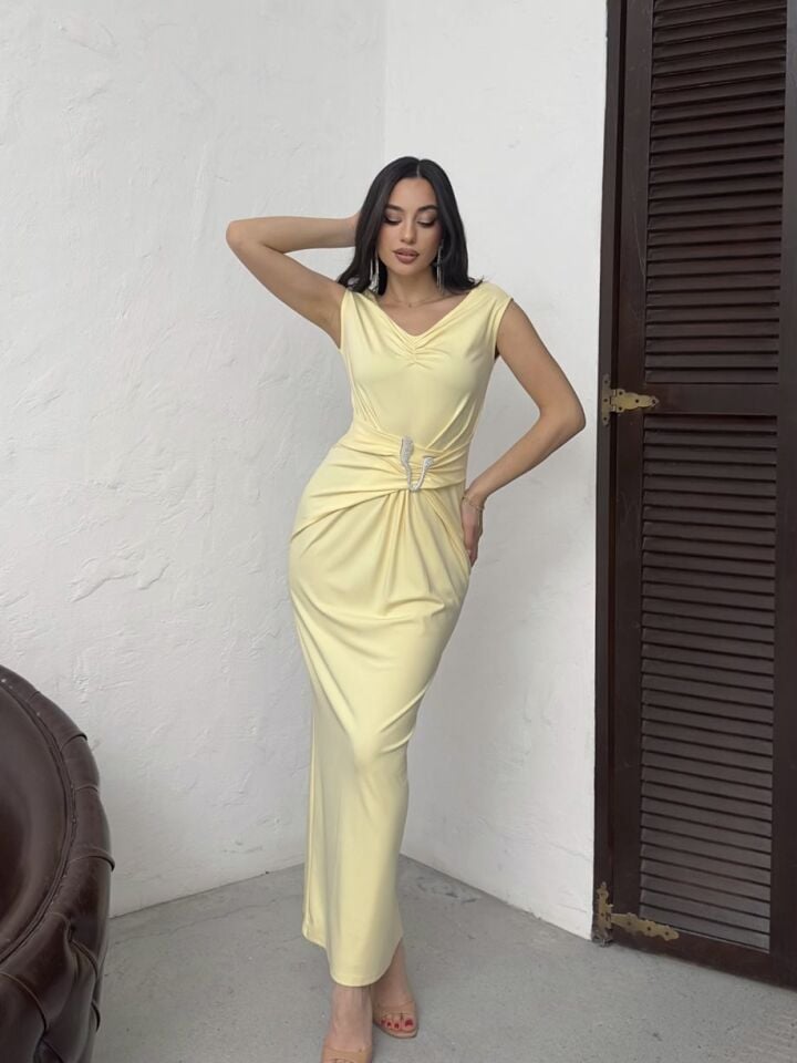 3119 ÖN BÜZGÜLÜ ELBİSE YELLOW - SARI