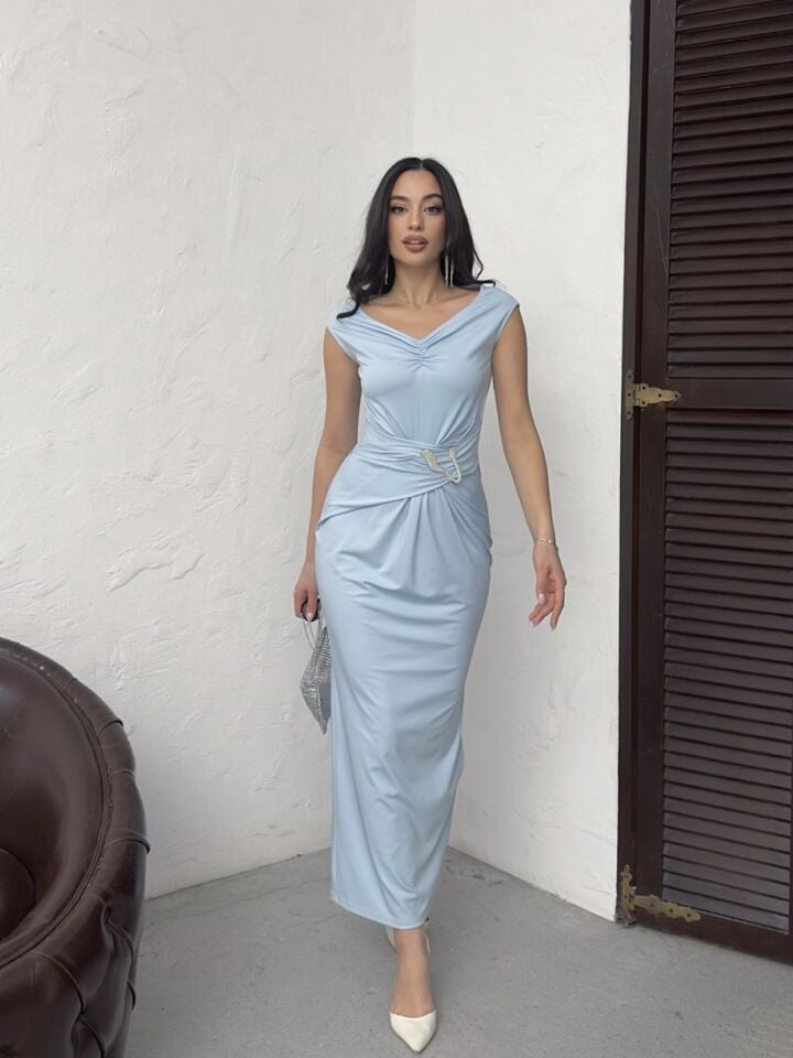 3119 ÖN BÜZGÜLÜ ELBİSE BLUE - MAVİ
