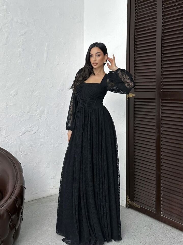 3300 TÜL DANTELİ ELBİSE BLACK - SİYAH
