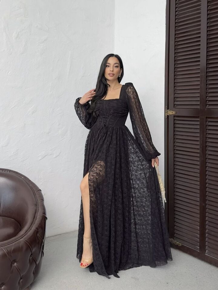 3300 TÜL DANTELİ ELBİSE BROWN - KAHVE