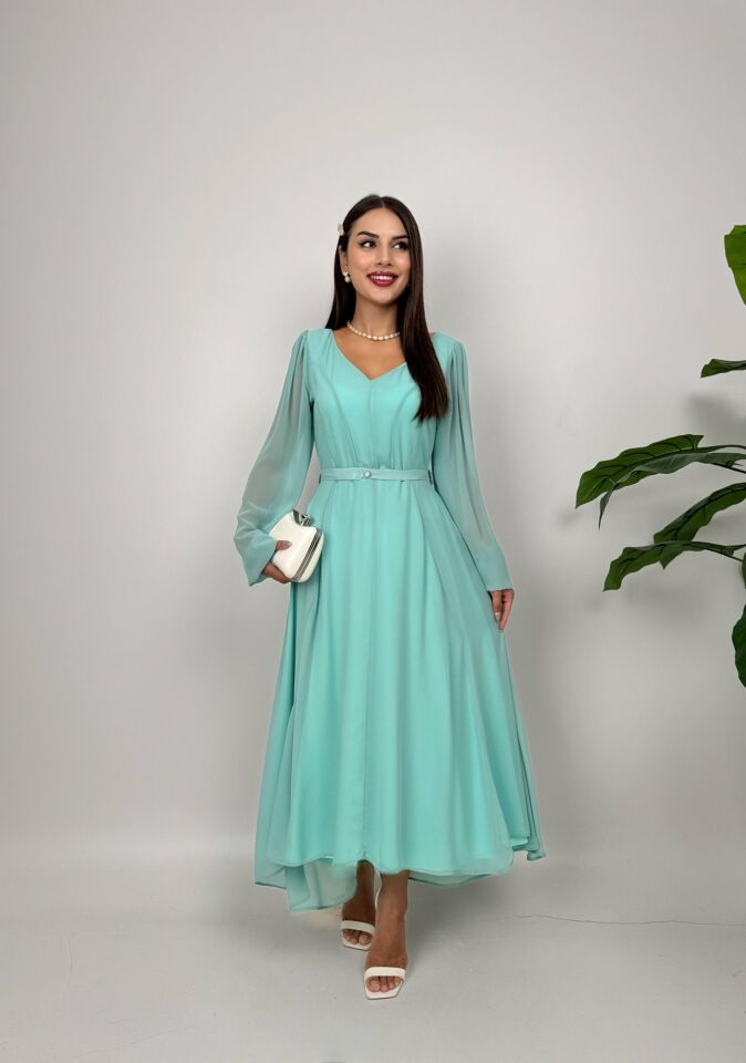 1032 ŞİFON V YAKA ELBİSE BLACK - SİYAH