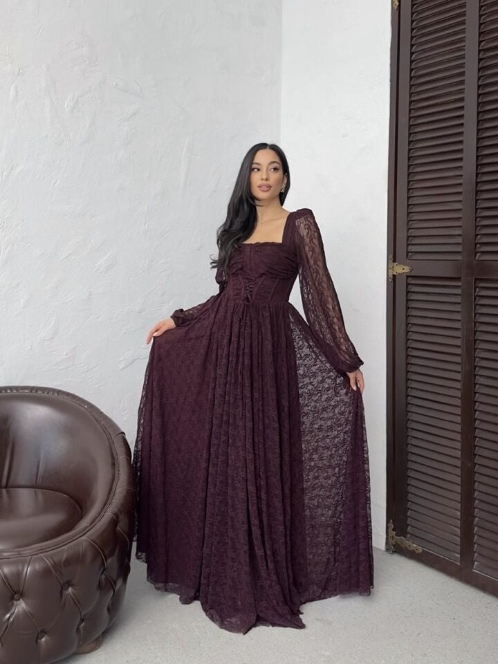 3300 TÜL DANTELİ ELBİSE BURGUNDY - BORDO