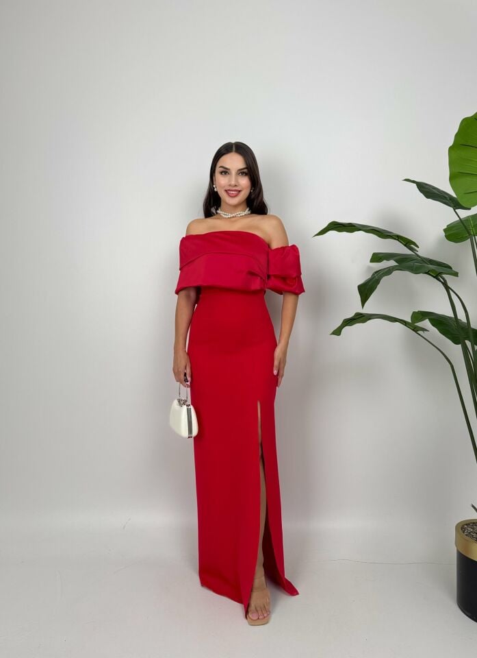 1035 GÖGÜS SATEN ELBİSE RED - KIRMIZI