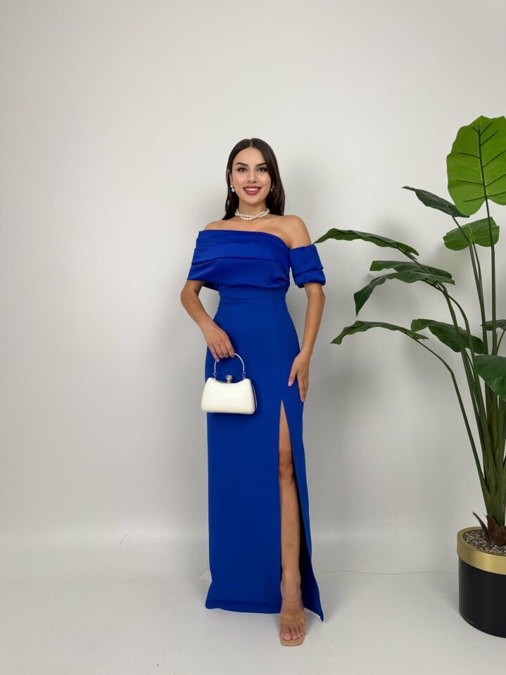 1035 GÖGÜS SATEN ELBİSE SAXE - SAX