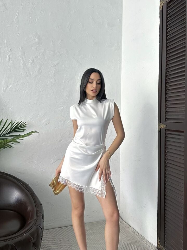 SATEN MİNİ ELBİSE DANTELİ WHİTE - BEYAZ