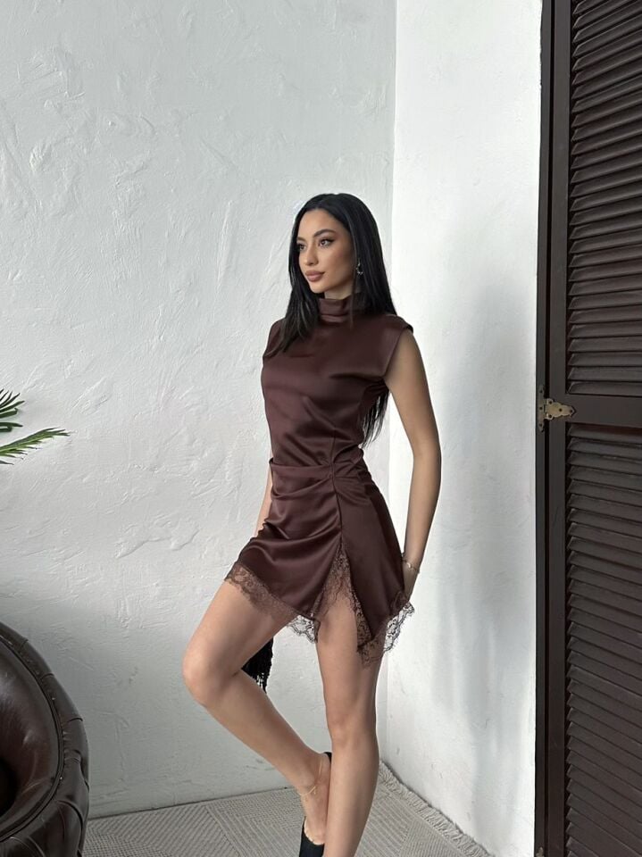 SATEN MİNİ ELBİSE DANTELİ BROWN - KAHVE