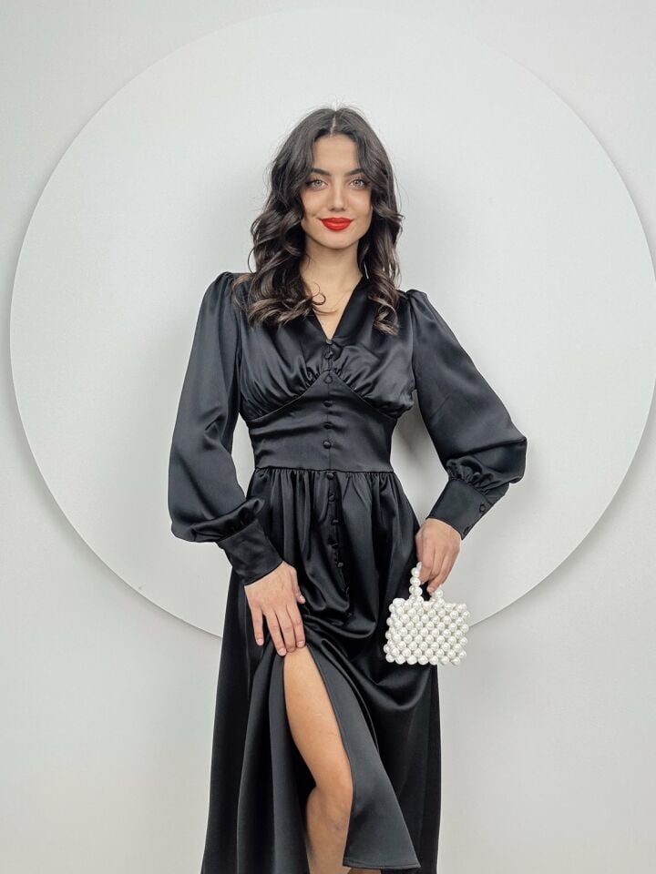 1050 GÖGÜS BÜZGÜLÜ ÖN DÜĞMELİ SATEN ELBİSE EMERALD GREEN - ZÜMRÜT YEŞİLİ