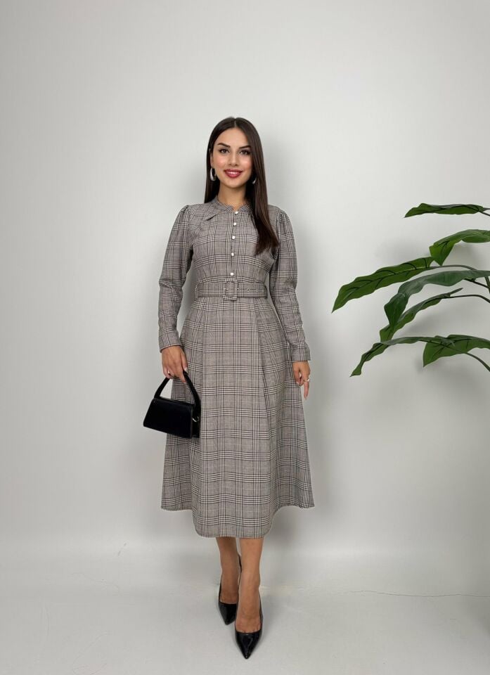 1052 ÇİZGİLİ EKOSE KEMERLİ ELBİSE ÇİZGİLİ EKOSE