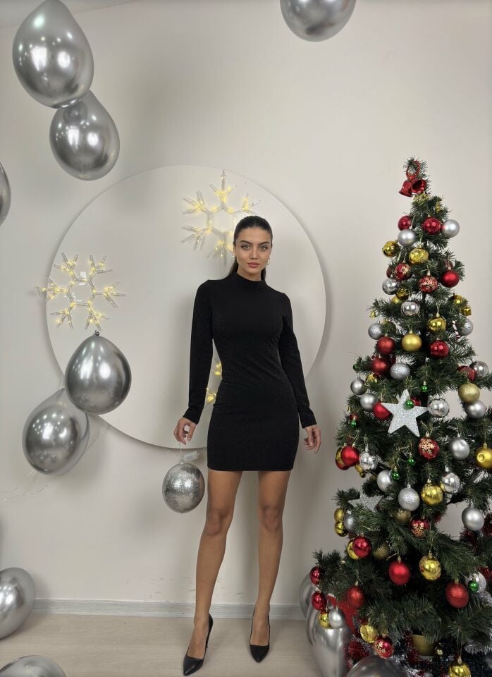 1087 SİMLİ BALIKÇI YAKA ELBİSE BLACK - SİYAH