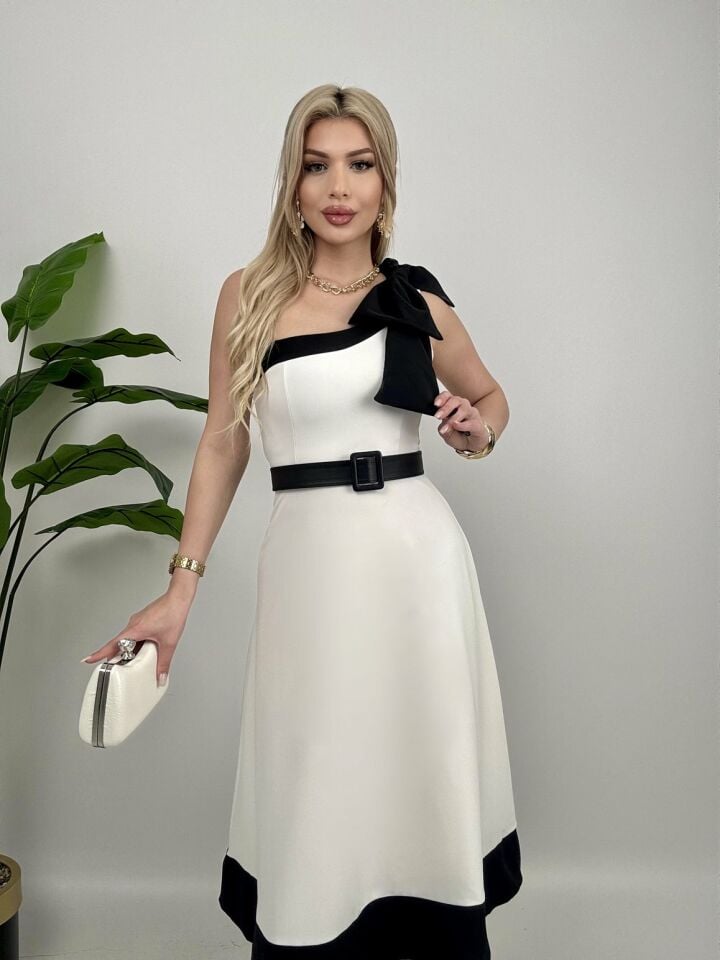 2040 TEK OMUZ FİYONKLU KEMERLİ ELBİSE WHİTE - BEYAZ