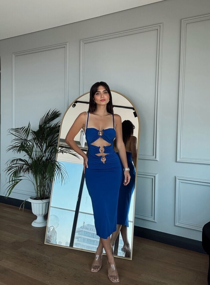 2042 ÖNDE ÜÇ TOKALI SANDY ELBİSE SAXE - SAX