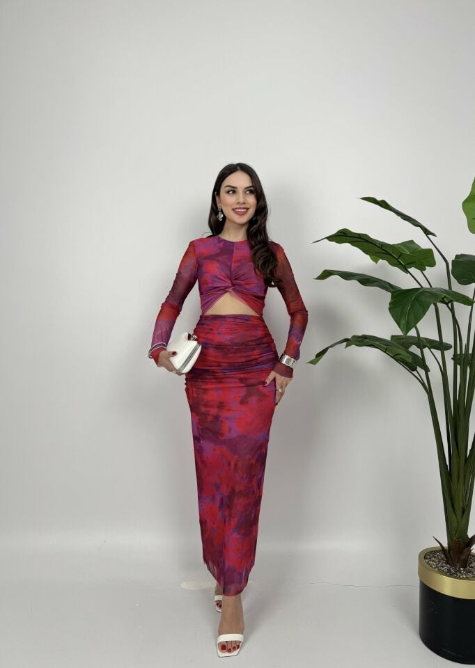 2049 TÜL KUMAŞ BASKILI ELBİSE FUCHSİAS - FUŞYA