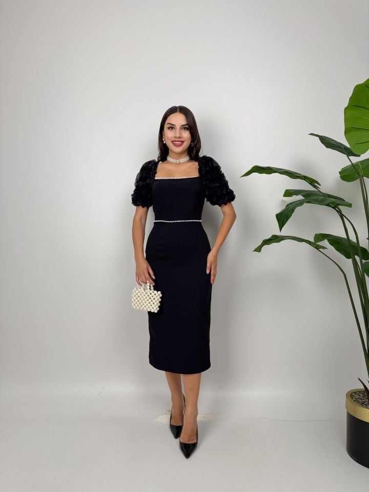 2051 KOLLAR İTHAL KUMAŞ İNCİ DEYAT ELBİSE BLACK - SİYAH