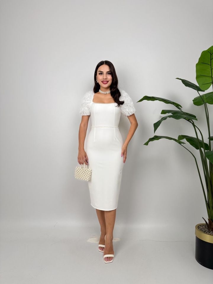 2051 KOLLAR İTHAL KUMAŞ İNCİ DEYAT ELBİSE WHİTE - BEYAZ