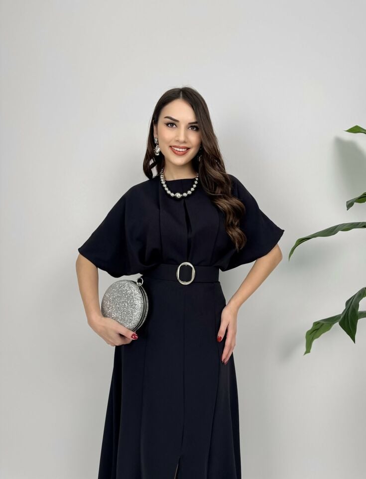2056 ATLAS KUMAŞ KEMERLİ ELBİSE BLACK - SİYAH