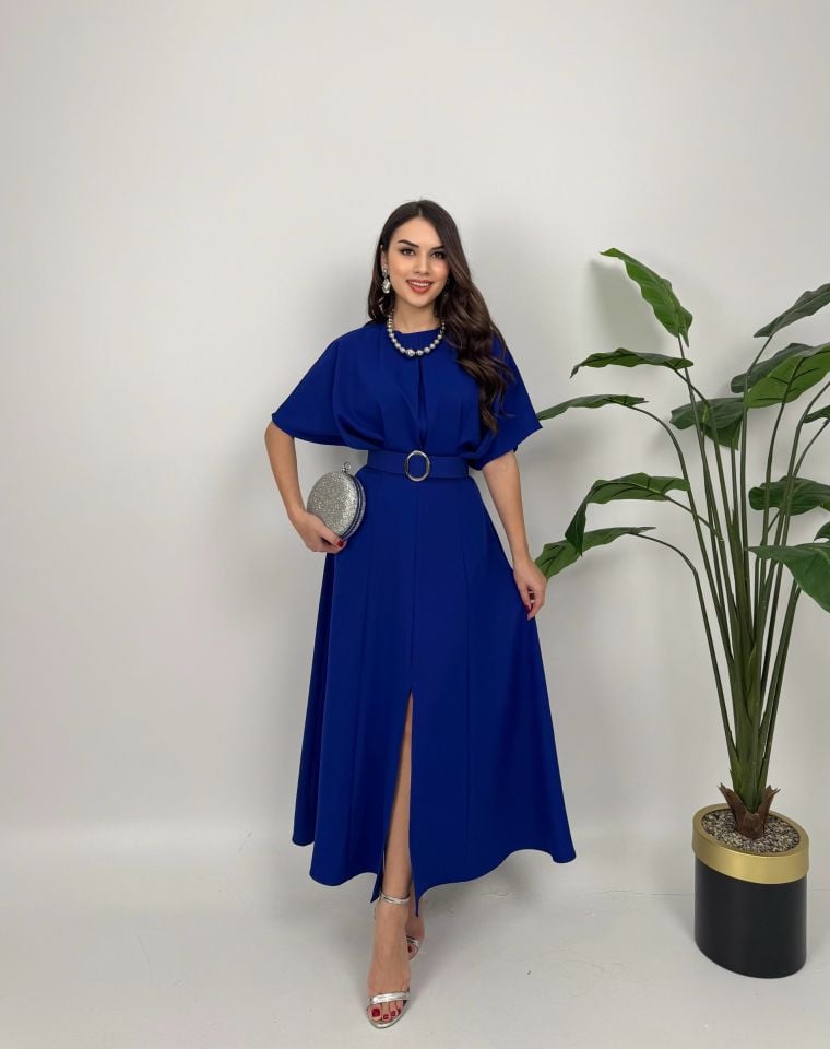 2056 ATLAS KUMAŞ KEMERLİ ELBİSE SAXE - SAX