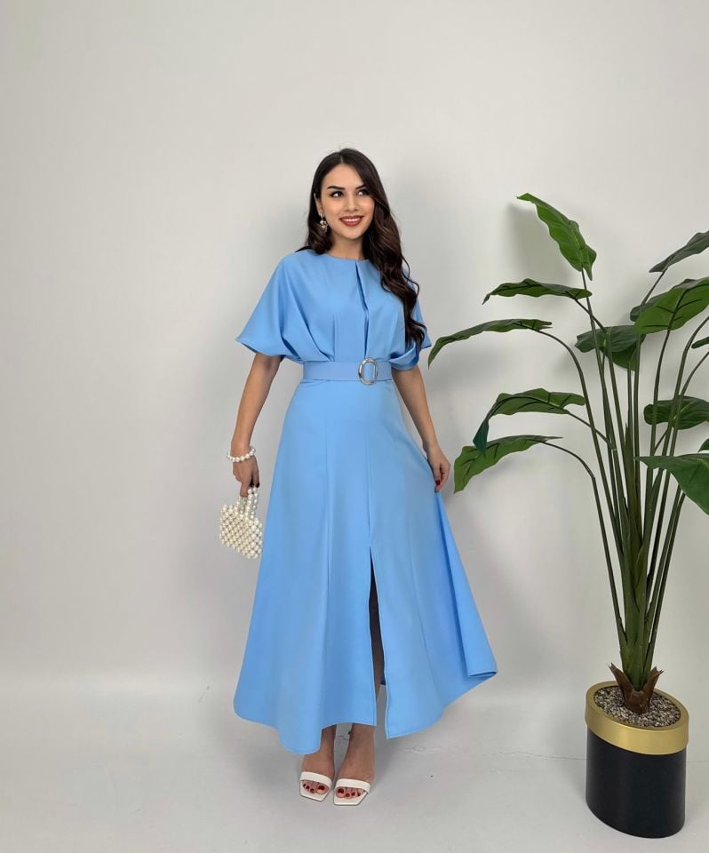 2056 ATLAS KUMAŞ KEMERLİ ELBİSE BLUE - MAVİ