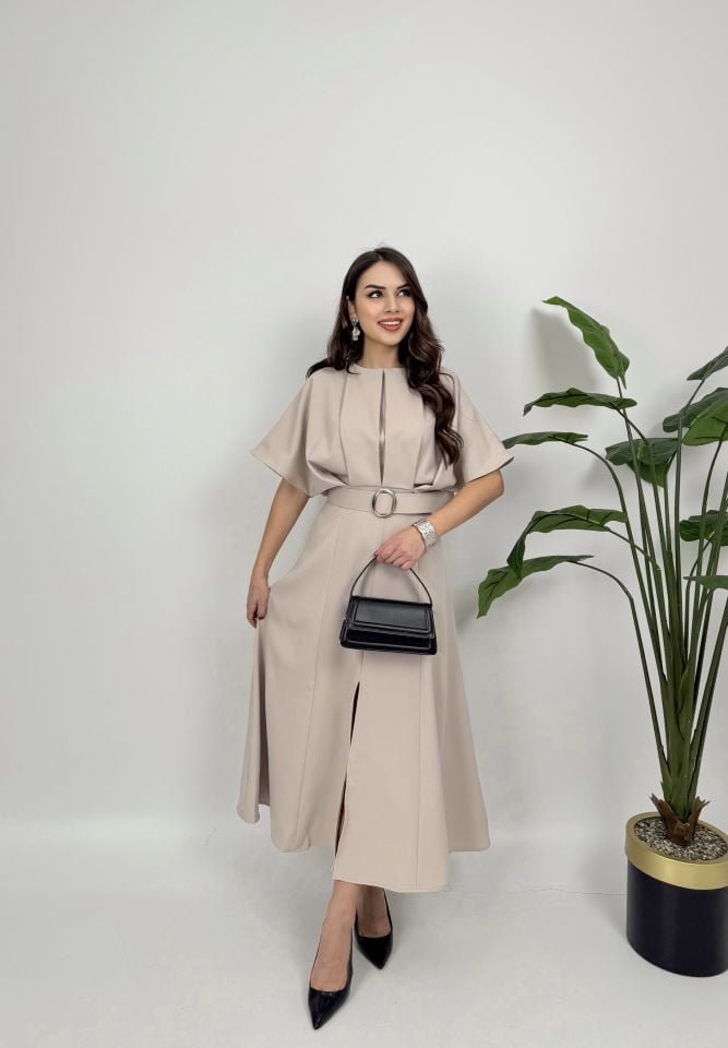 2056 ATLAS KUMAŞ KEMERLİ ELBİSE STONE - TAŞ