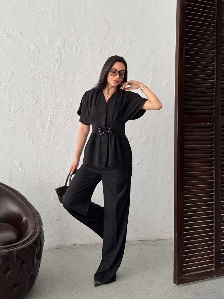 3156-Ü KEMERLİ BLUZ BLACK - SİYAH
