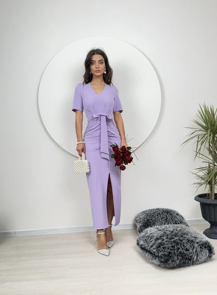 2057 ÖNÜ BÜZGÜLÜ FYONK DETAY ATLAS ELBİSE LİLAC - LİLA