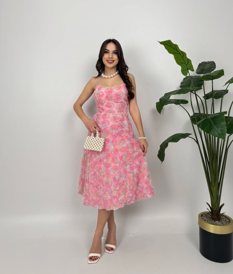 2081 İTHAL GÜL DESEN ELBİSE PİNK - PEMBE