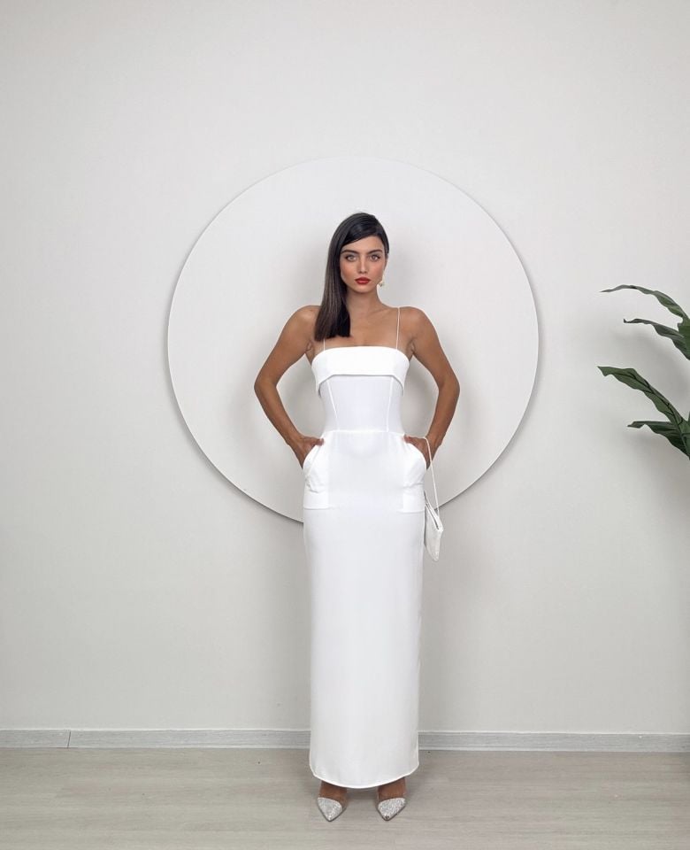 2084 STRAPLEZ CEPLİ KALEM ATLAS ELBİSE WHİTE - BEYAZ