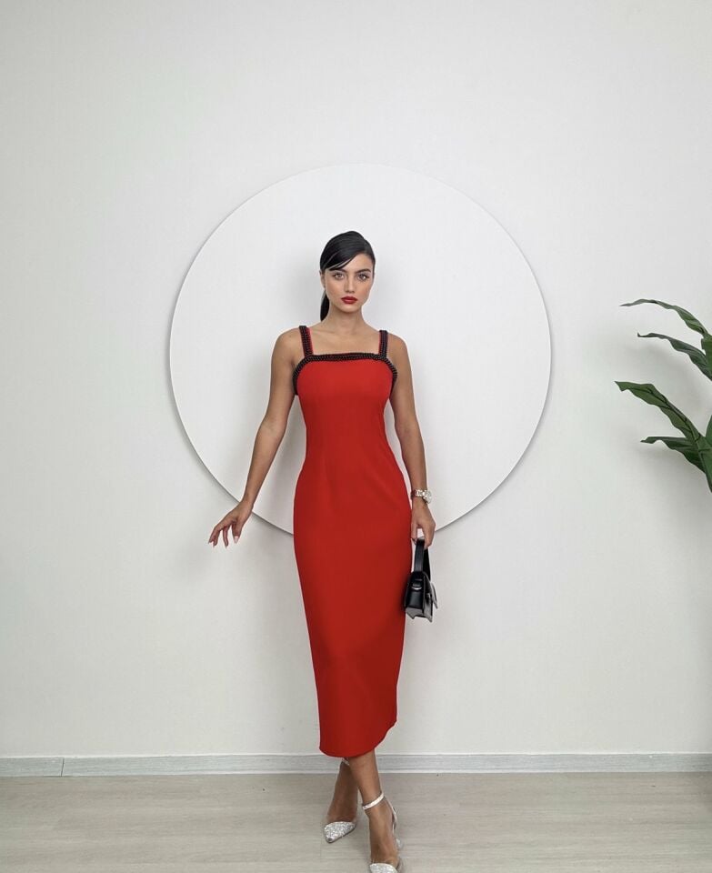 2087 YAKA DETAY ARABİYELİ ATLAS MİDİ ELBİSE RED - KIRMIZI