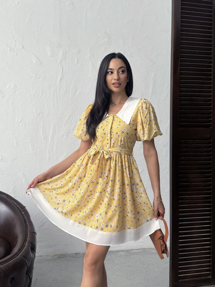 2088 YAKA DETAY KREP MİNİ ELBİSE YELLOW - SARI