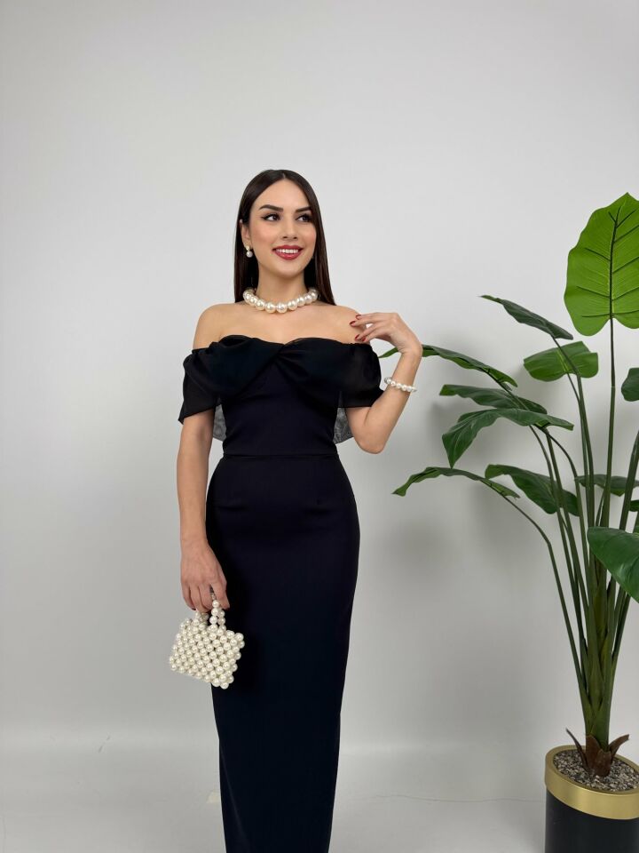 2091 STRAPLEZ ŞİFON GARNİLİ ATLAS GLOPLU ELBİSE RED - KIRMIZI